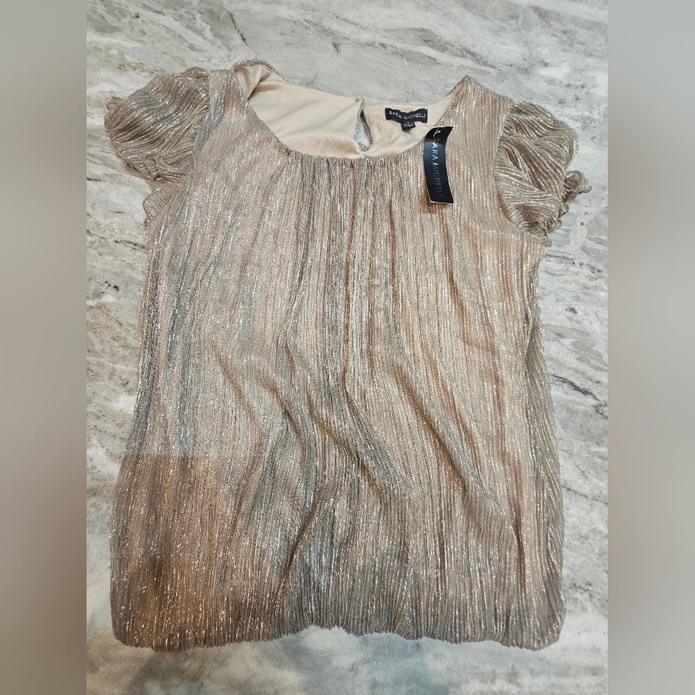 Sara Michelle NWT Gold Metallic Pleated Lurex Blouse Top Small Party Holiday